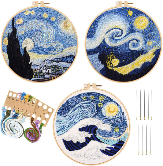 3 Pack of Starry Night Embroidery Kits Famous Painting Art Van Gogh Cross Stitch