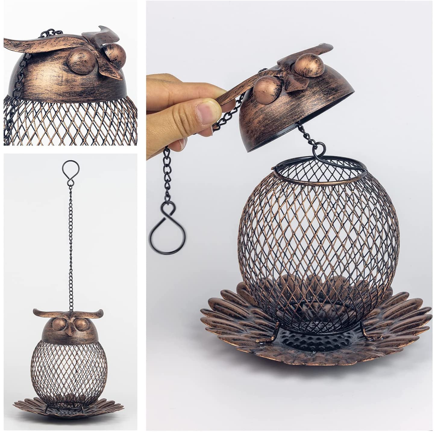 Heavy Duty Copper Metal Mesh Owl Shaped Bird Feeder