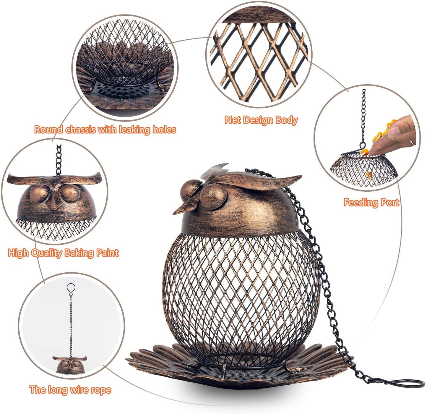Heavy Duty Copper Metal Mesh Owl Shaped Bird Feeder