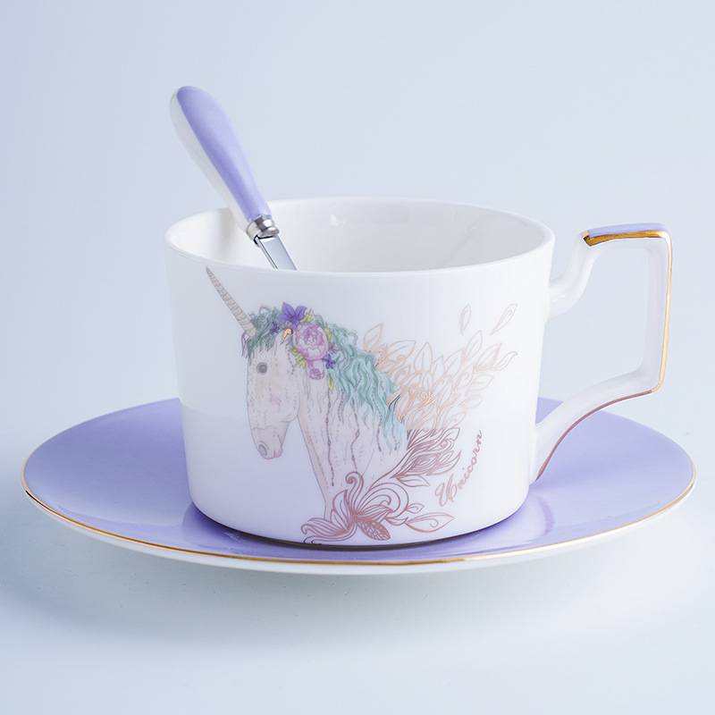 3 Pieces Girly Fantasy Unicorn Flower Coffee Tea Cup And Saucer Set with Spoon