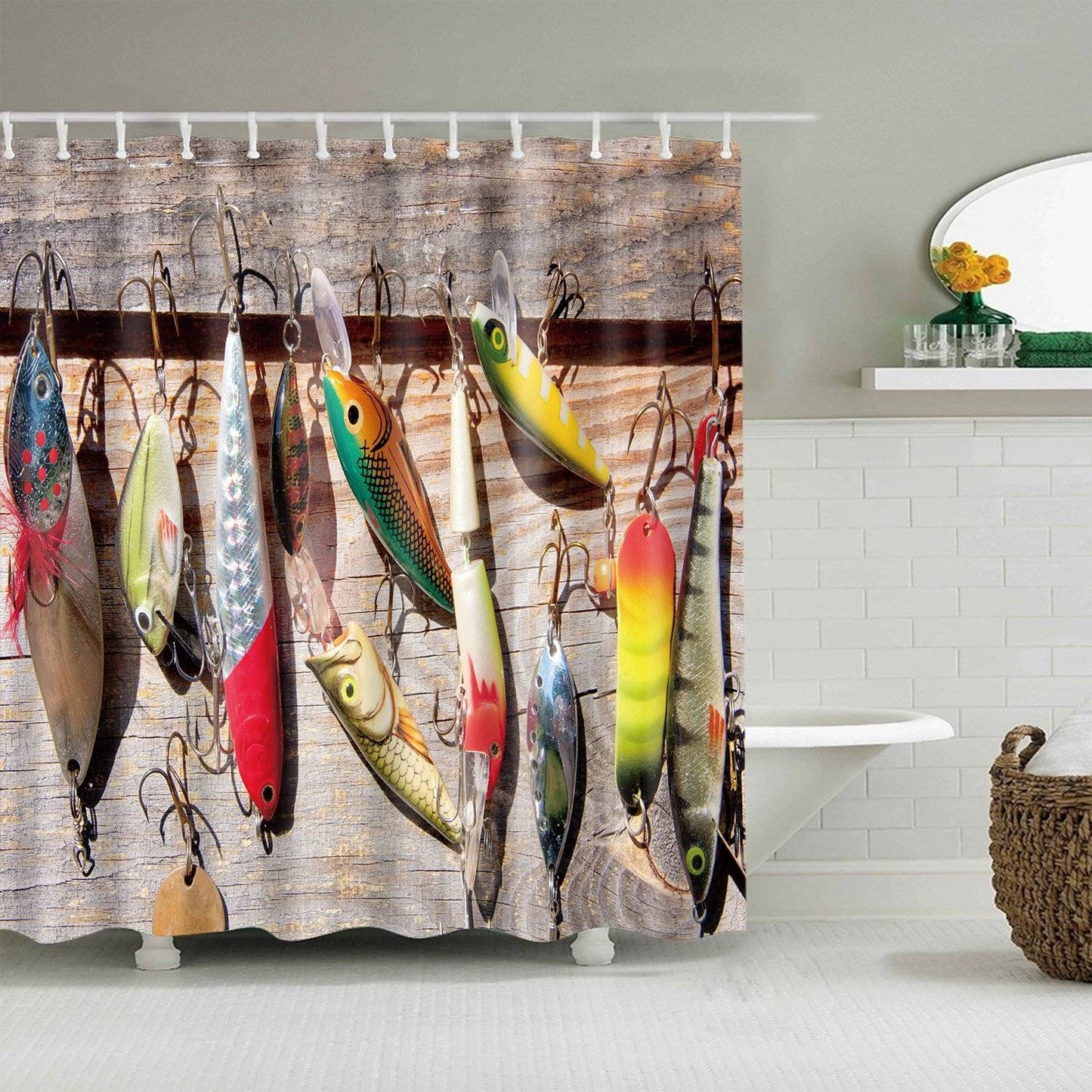 Freshwater Bait Fisherman Gear on Rustic Board Fishing Lure Shower Curtain