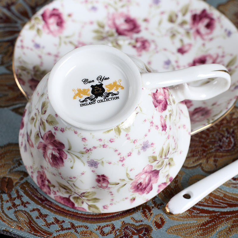 3 Pieces Pink Rose Floral Fine Tea Cup And Saucer Set with Spoon Bone China with Gold Trim