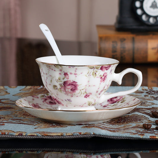 3 Pieces Pink Rose Floral Fine Tea Cup And Saucer Set with Spoon Bone China with Gold Trim