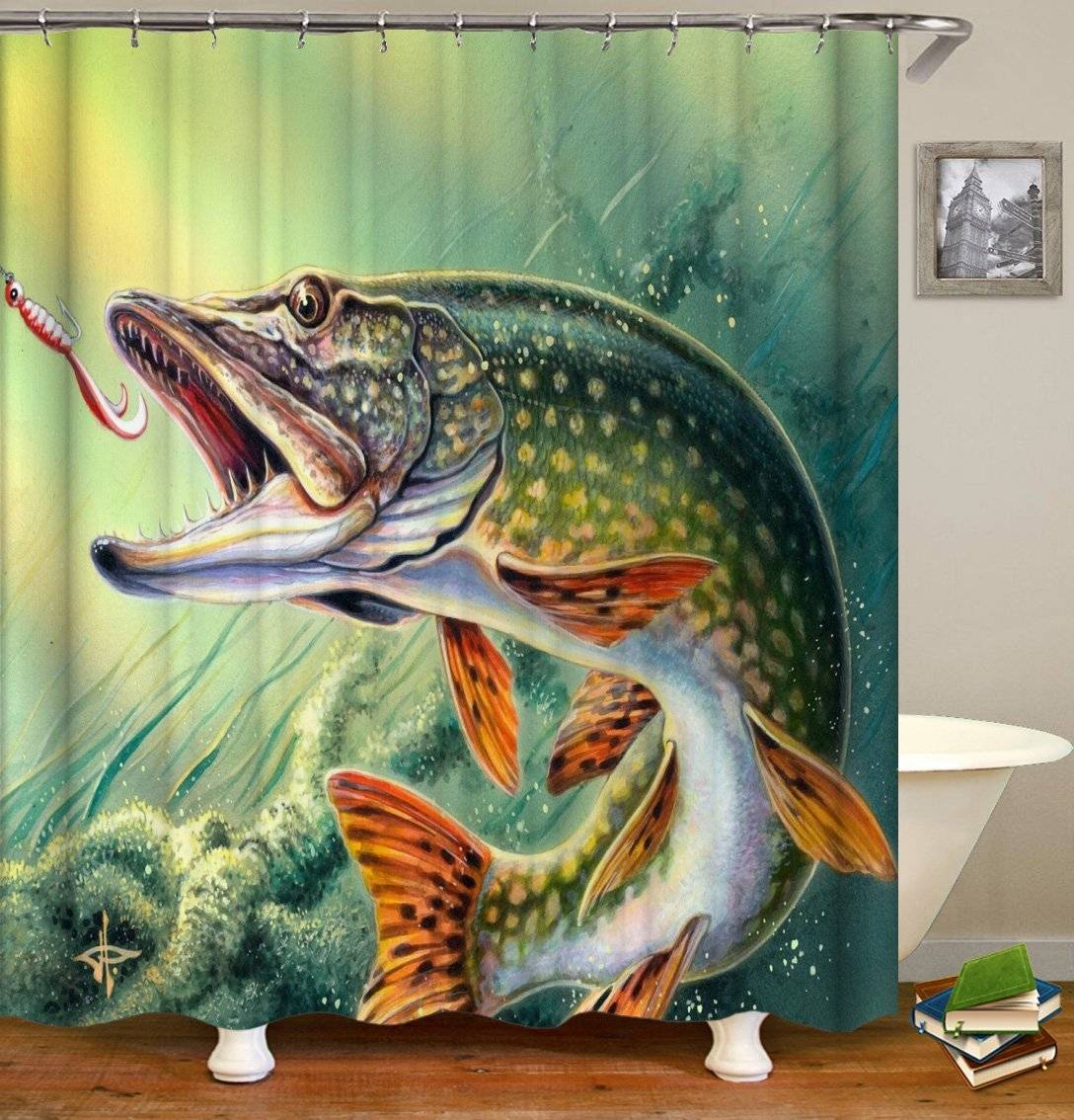 Fishing Trout Shower Curtain Green Water Lure Bait Line Hook