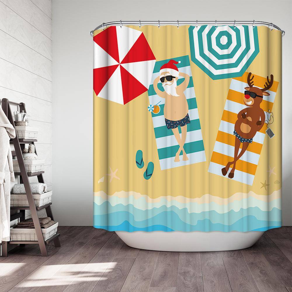 Santa with Reindeer on Beach Sunbathing Holiday Summer Christmas Shower Curtain