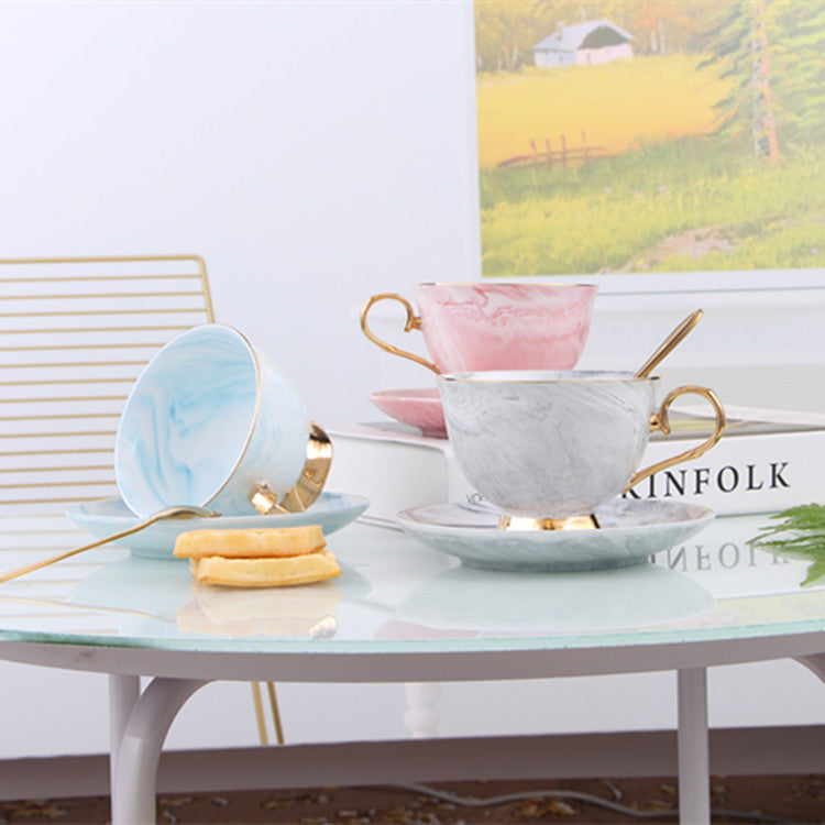 Marble Print Tea Cup And Saucer Set Monochrome Coffee Teacup with Plate Spoon - 3 Pieces