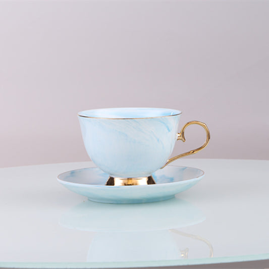 Marble Print Tea Cup And Saucer Set Monochrome Coffee Teacup with Plate Spoon - 3 Pieces