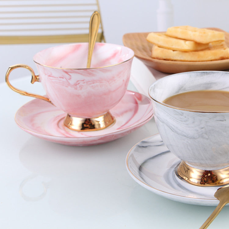 Marble Print Tea Cup And Saucer Set Monochrome Coffee Teacup with Plate Spoon - 3 Pieces