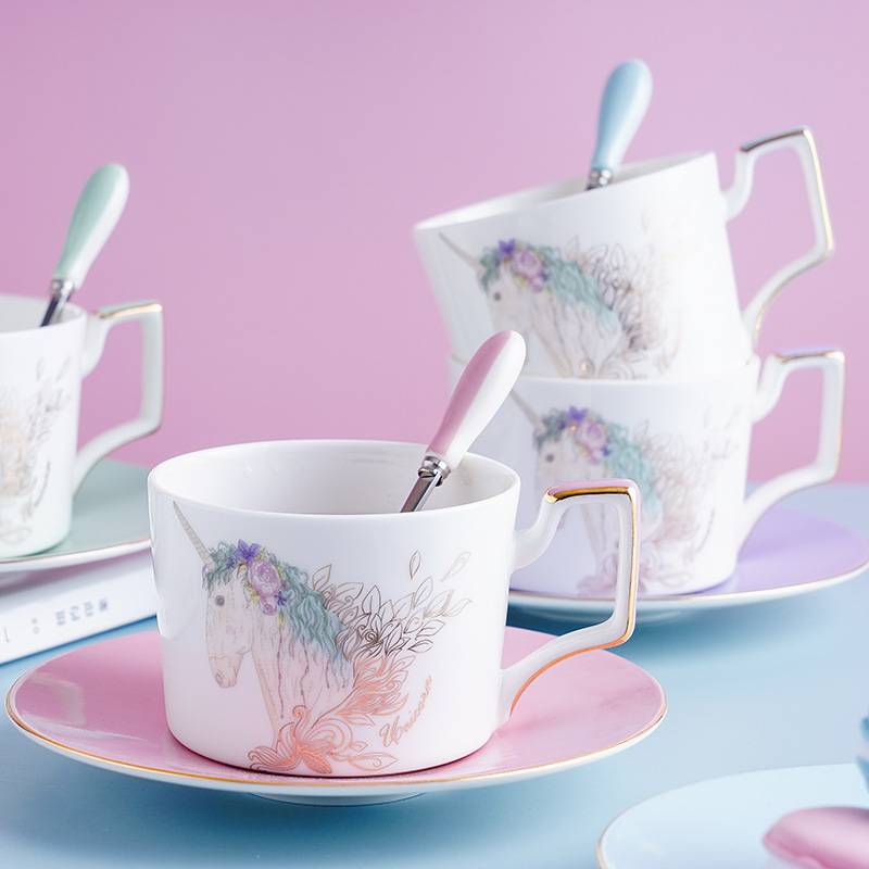 3 Pieces Girly Fantasy Unicorn Flower Coffee Tea Cup And Saucer Set with Spoon