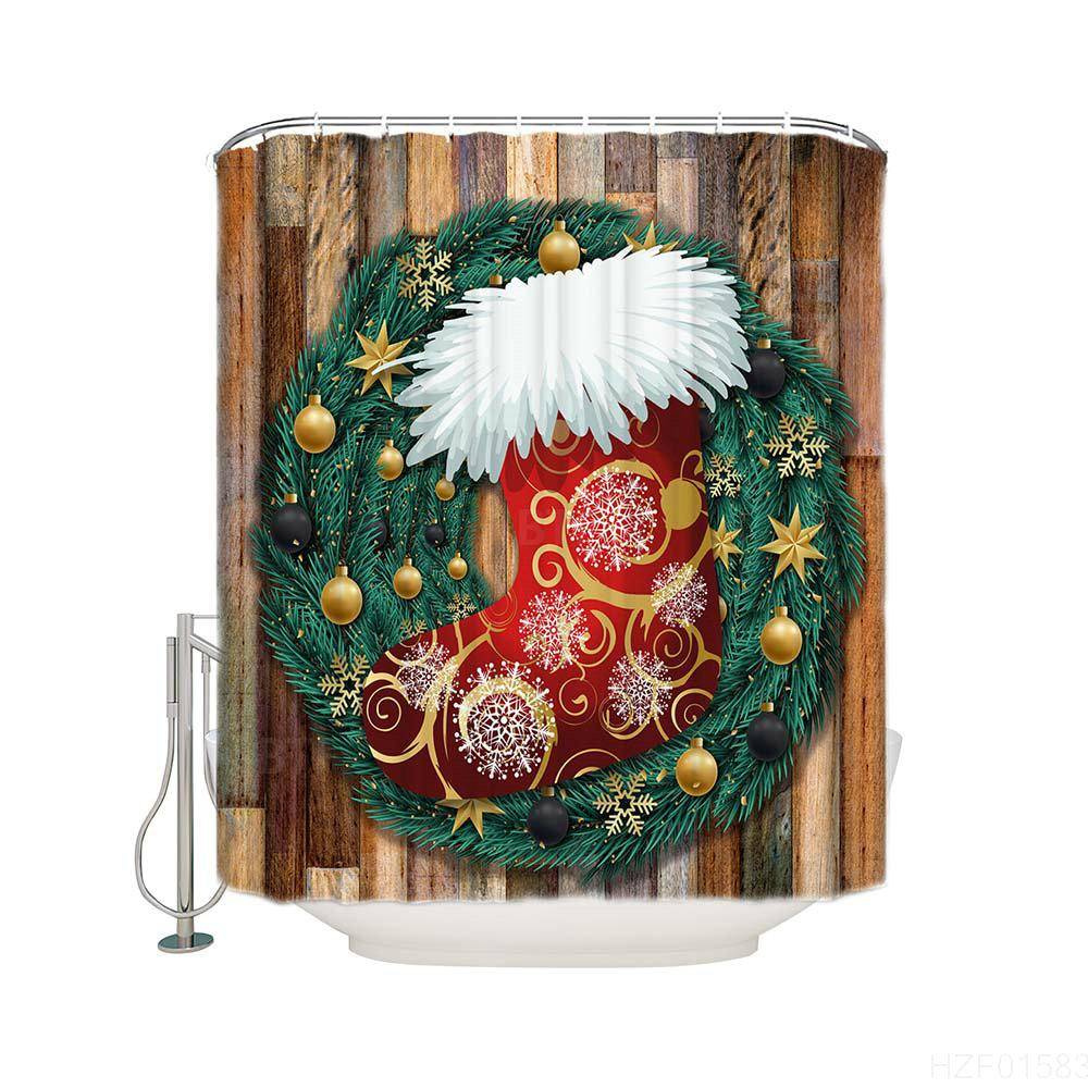 Wooden Print Red Xmas Socks Christmas Stockings Shower Curtain