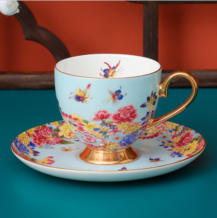 Spring Butterfly Tea Cup and Saucer Set - 3 Pieces