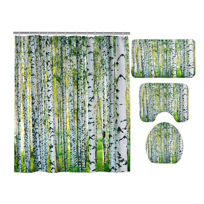 Green Silver Branches Mottled Trunk Forest Scene Birch Tree Shower Curtain