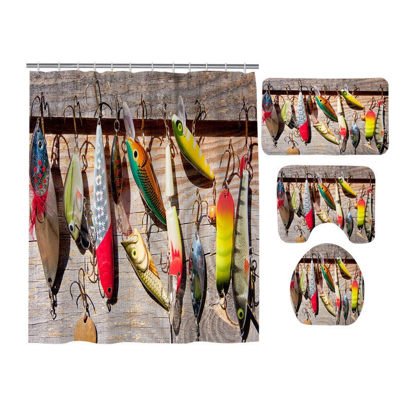 Freshwater Bait Fisherman Gear on Rustic Board Fishing Lure Shower Curtain