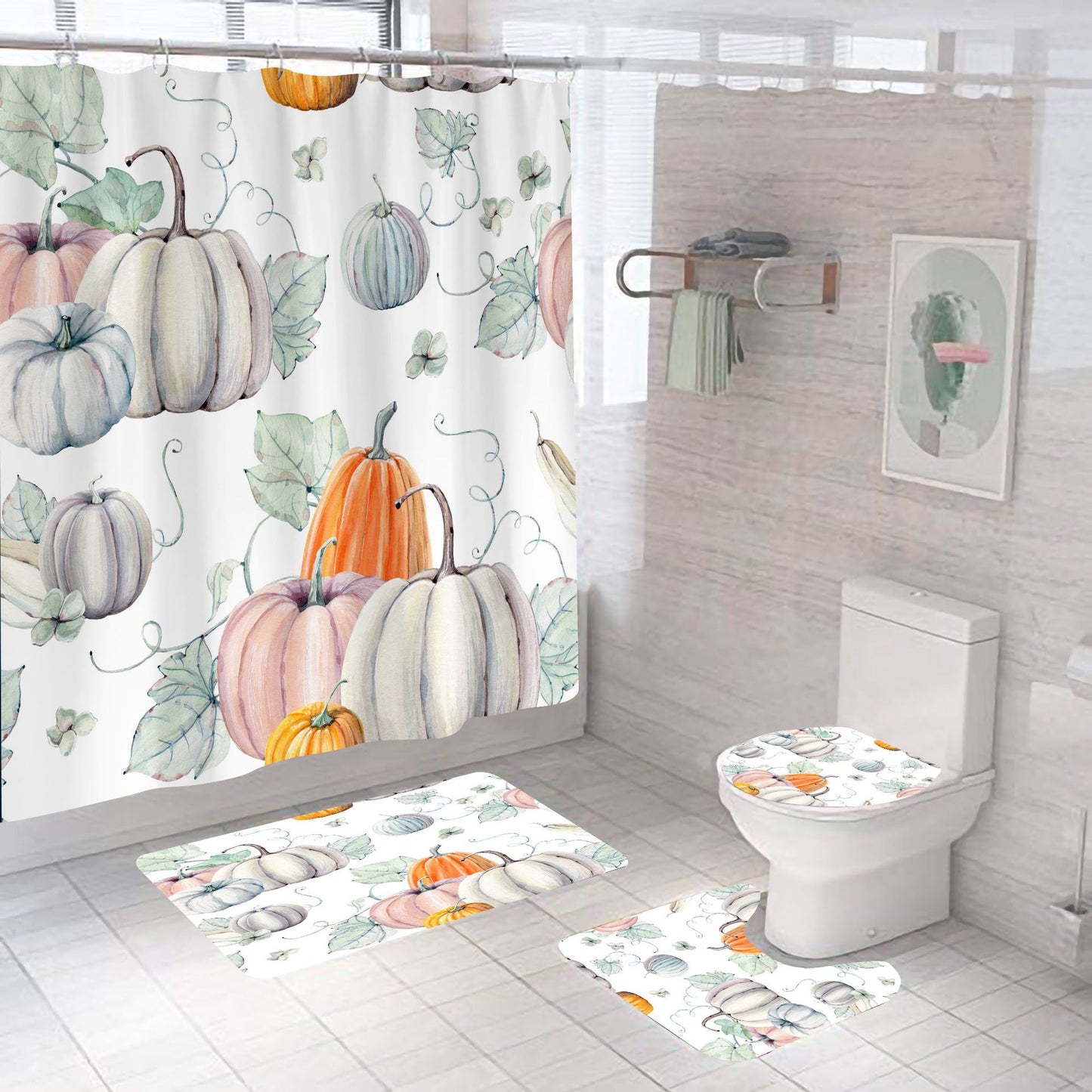 Autumn Harvest Thanksgiving Holiday Watercolor Pumpkin Shower Curtain