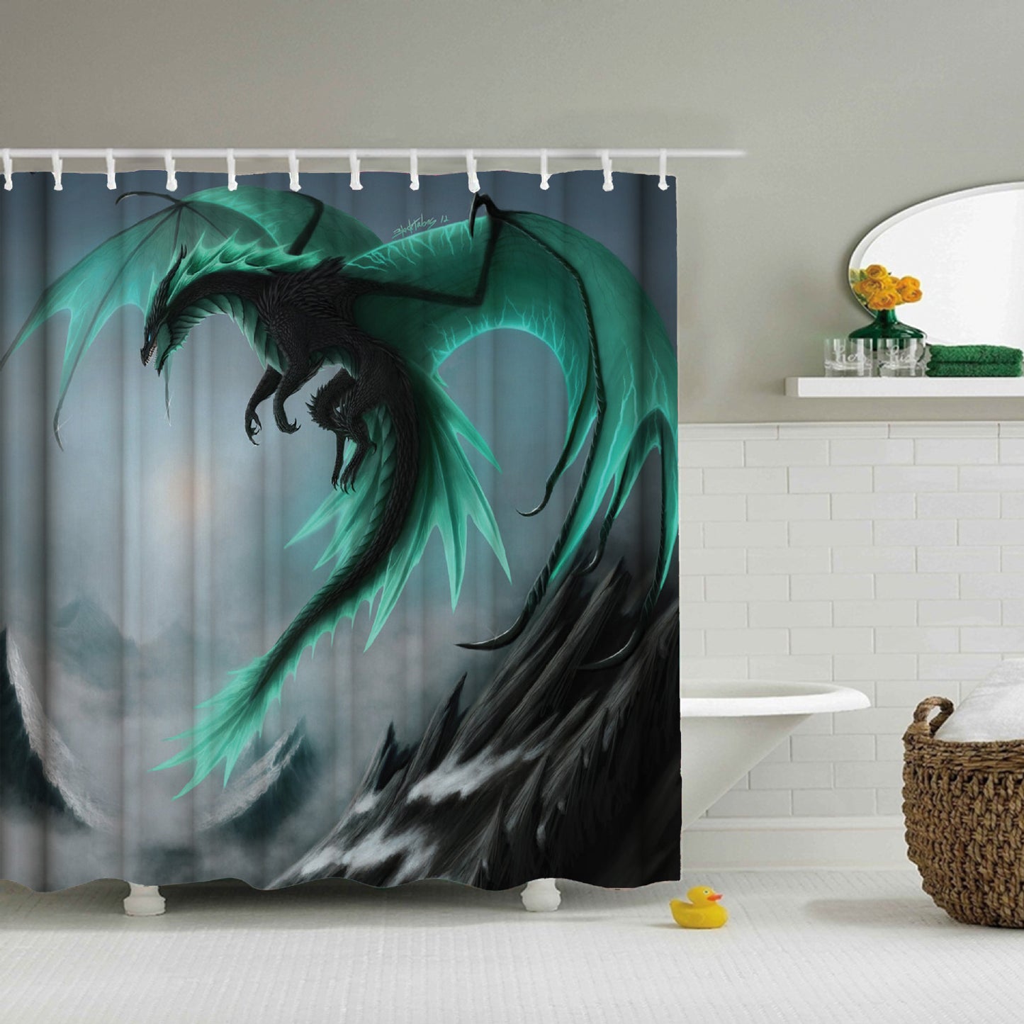 Dreamy World Medieval Mountain Green Dragon Shower Curtain