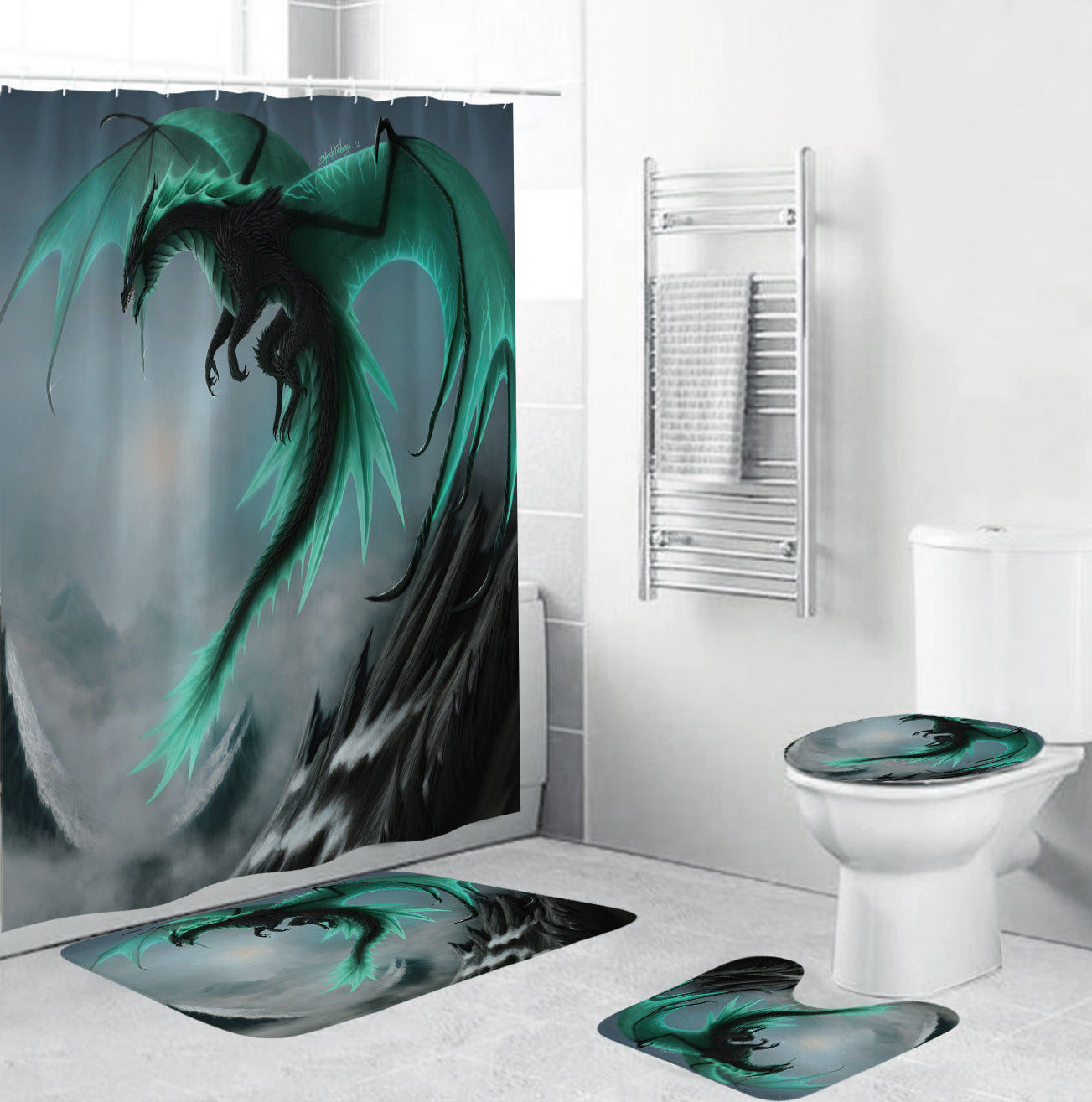 Dreamy World Medieval Mountain Green Dragon Shower Curtain