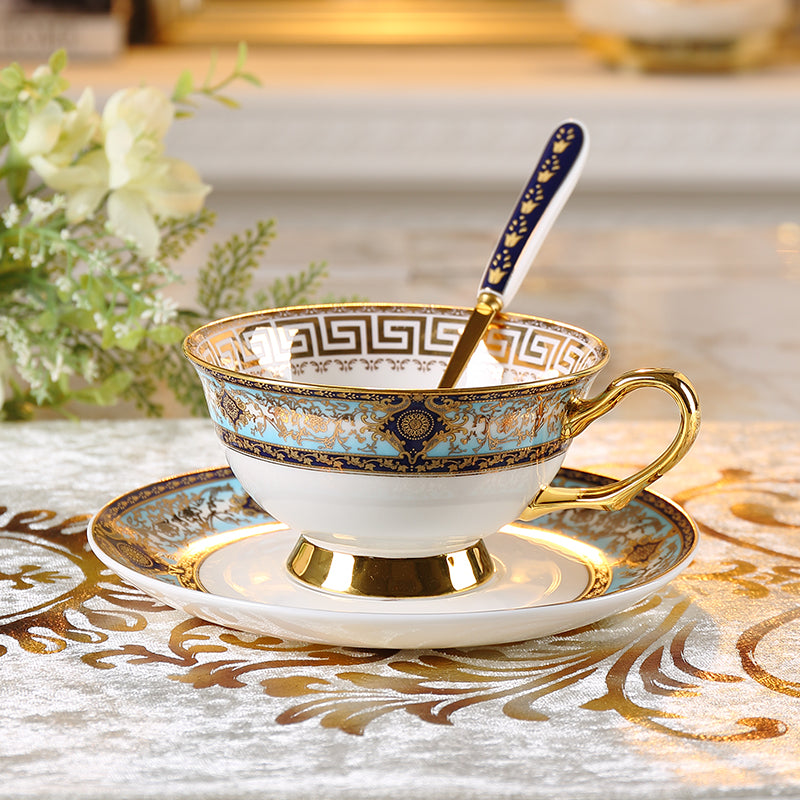 European Floral Cup and Saucer Set Golden Symbol Coffee Teacup with Plate Spoon - 3 Pieces