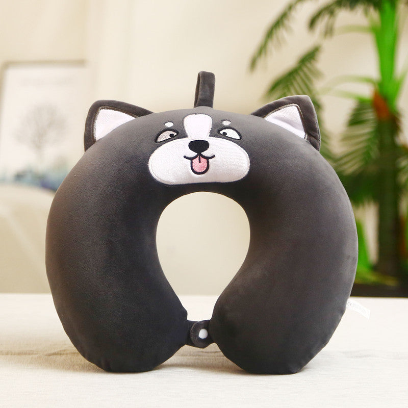 Husky Dog Neck Pillow Black White Cartoon Plush Kids Chin Support Travel Sleeping Cushion