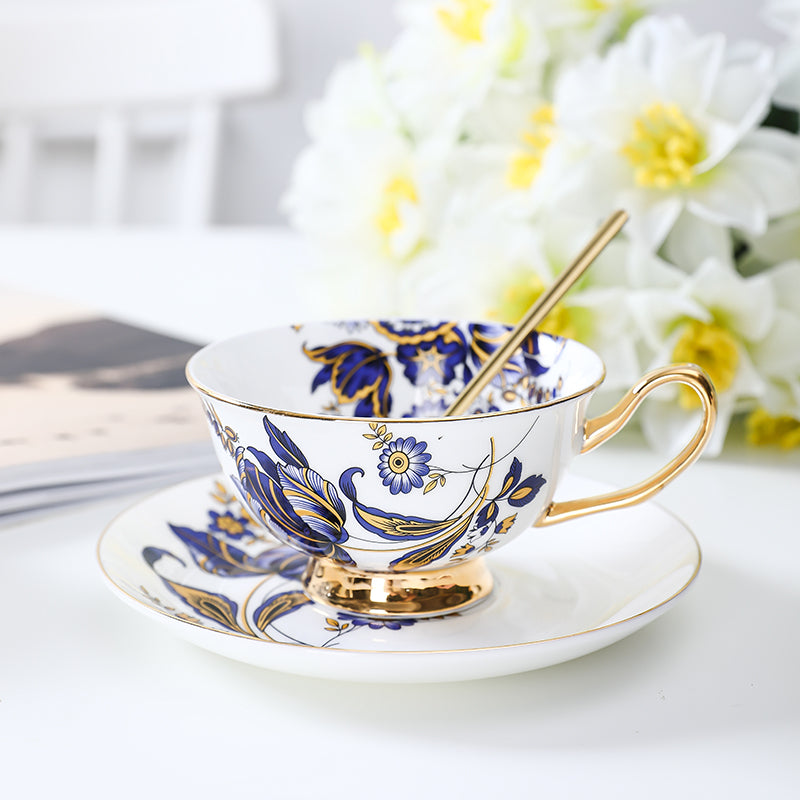 Blue Daisy Cup and Saucer Set Navy Golden Leaves Teacup