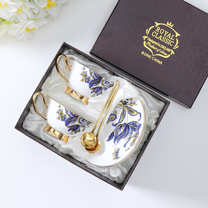 Blue Daisy Cup and Saucer Set Navy Golden Leaves Teacup