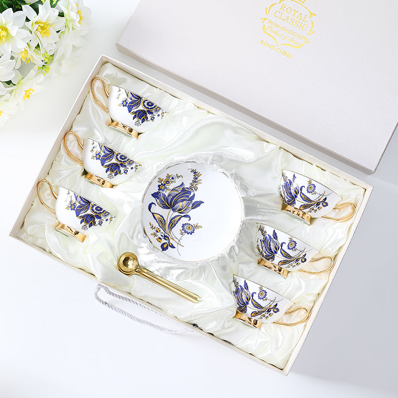 Blue Daisy Cup and Saucer Set Navy Golden Leaves Teacup