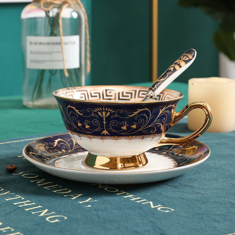 Paisley Floral Cup and Saucer Set Blue Colors Print Coffee Teacup with Plate Spoon - 3 Pieces