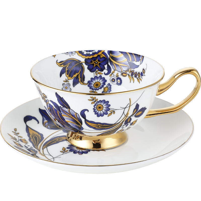 Blue Daisy Cup and Saucer Set Navy Golden Leaves Teacup