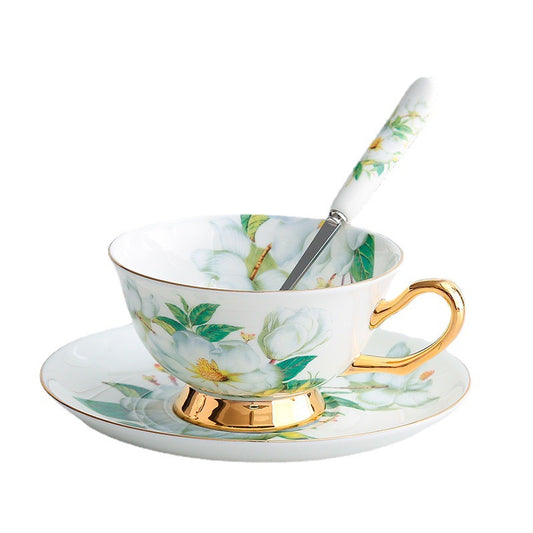 White Camellia Flower Sping Green Leaf Coffee Tea Cup And Saucer Set with Spoon