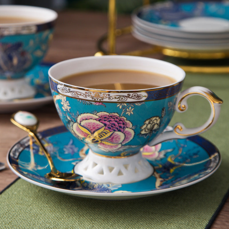 Bee Floral Cup and Saucer Set Pink Flowers Yellow Bee Coffee Teacup with Plate Spoon - 3 Pieces