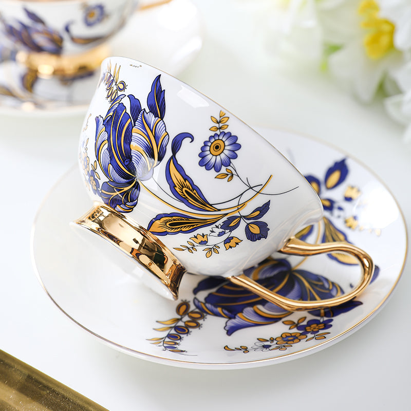 Ensemble tasse et soucoupe marguerite bleue, tasse à thé bleu marine  feuilles dorées