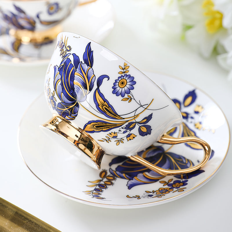 Blue Daisy Cup and Saucer Set Navy Golden Leaves Teacup