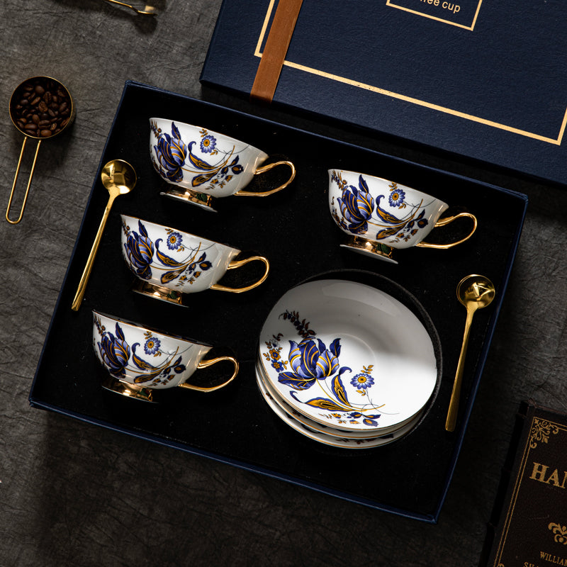 Blue Daisy Cup and Saucer Set Navy Golden Leaves Teacup