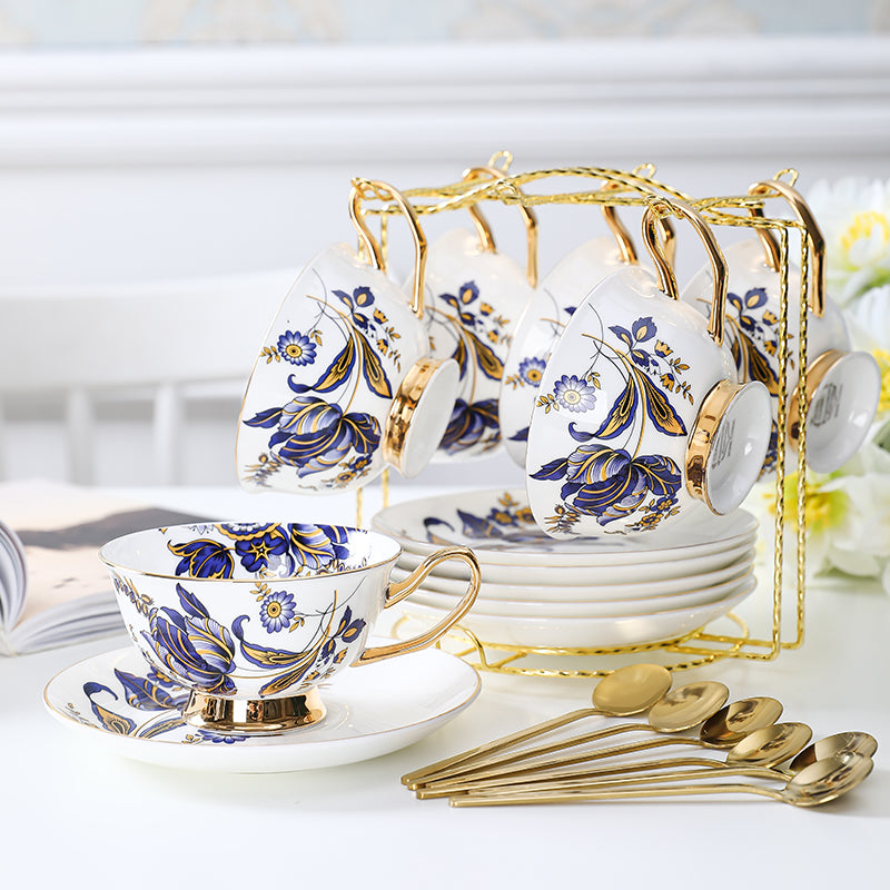 Blue Daisy Cup and Saucer Set Navy Golden Leaves Teacup