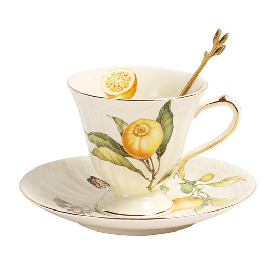 Vintage Lemon Citrus Fruit Tea Cup And Saucer Set with Plate Spoon - 3 Pieces