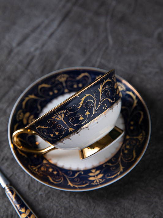 Paisley Floral Cup and Saucer Set Blue Colors Print Coffee Teacup with Plate Spoon - 3 Pieces