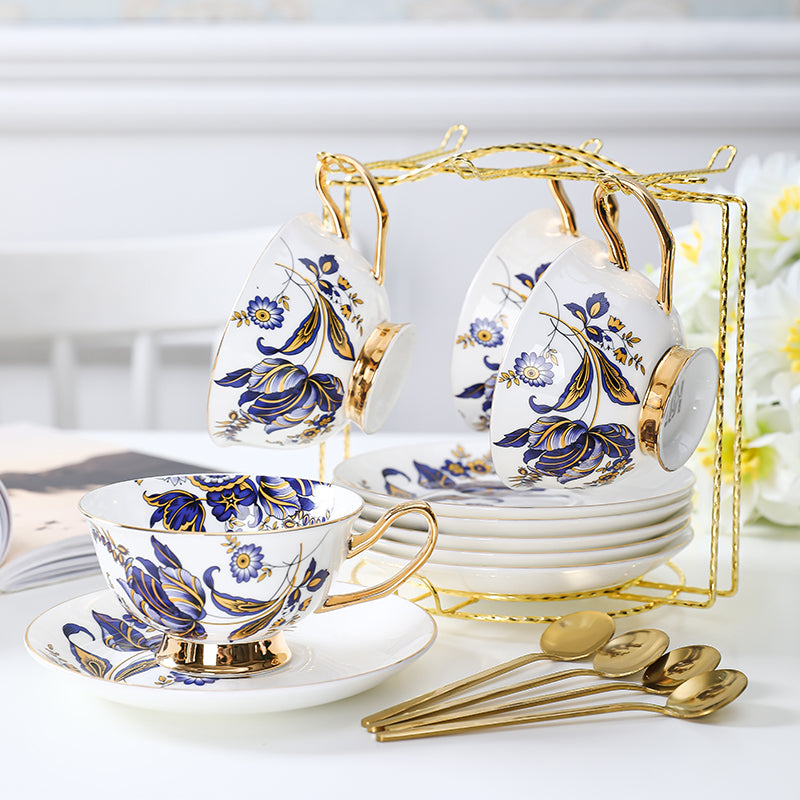 Blue Daisy Cup and Saucer Set Navy Golden Leaves Teacup