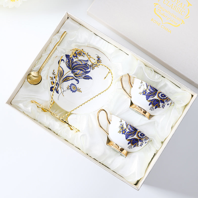 Blue Daisy Cup and Saucer Set Navy Golden Leaves Teacup