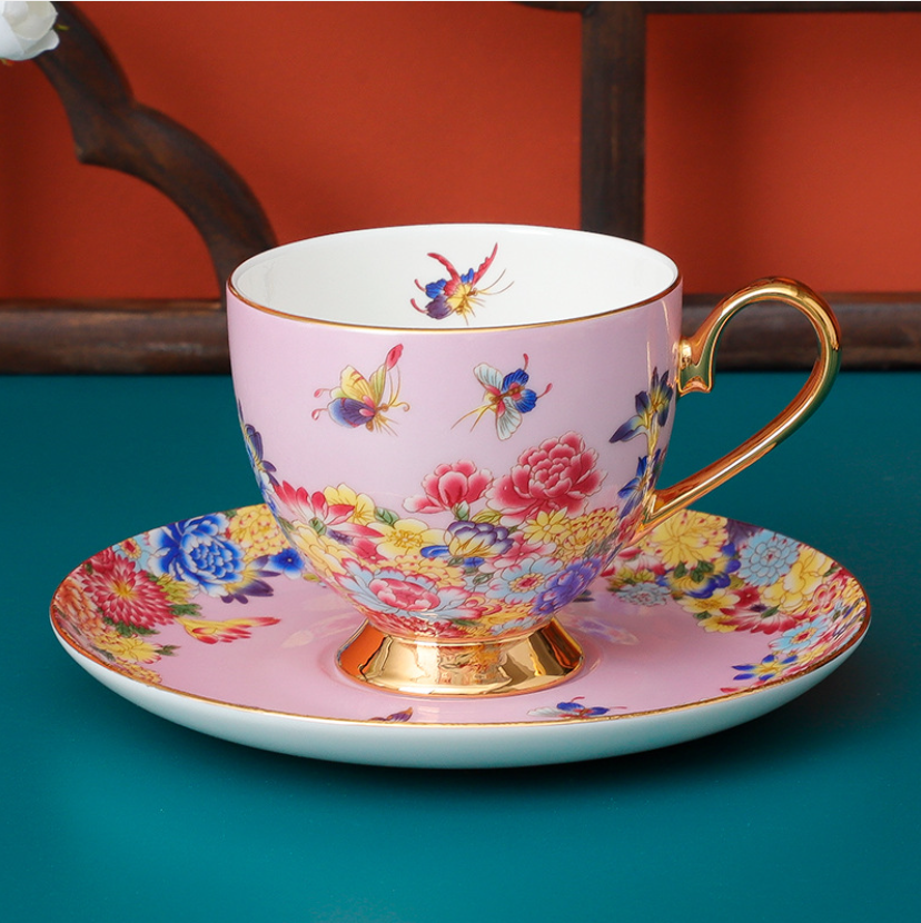 Spring Butterfly Tea Cup and Saucer Set - 3 Pieces