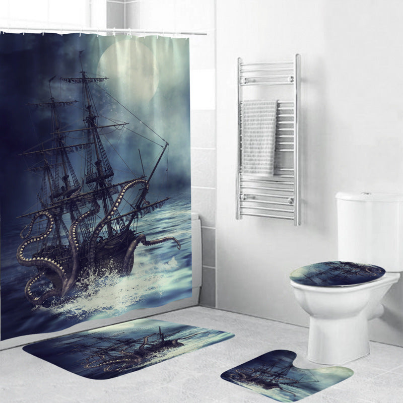 Ancient Medieval Sailboat Sea Monster Octopus Kraken Shower Curtain