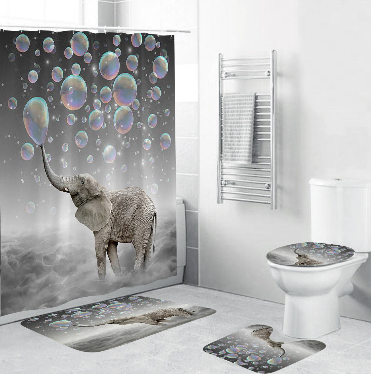 Clouds Surreal Happy Animal Elephant Bubble Shower Curtain