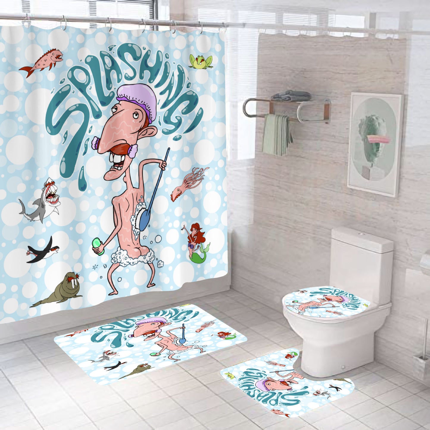 Cartoon Splashing Nigel Archibald Thornberry Shower Curtain Set - 4 Pcs