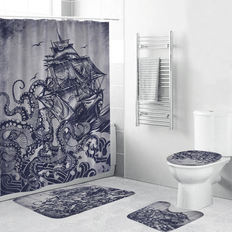 Medieval Sailboat Attacked By Octopus Vintage Blue Kraken Shower Curtain