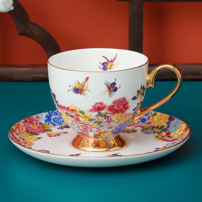 Spring Butterfly Tea Cup and Saucer Set - 3 Pieces