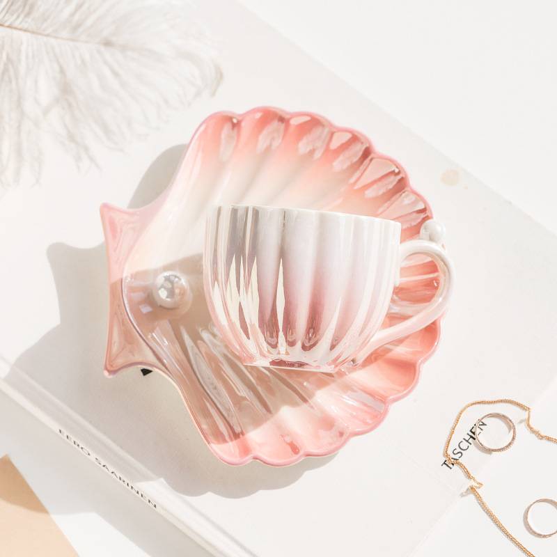 Pearl Shaped Tea Cup And Saucer Set Seashell Ocean Coffee Teacup with Plate Spoon - 3 Pieces