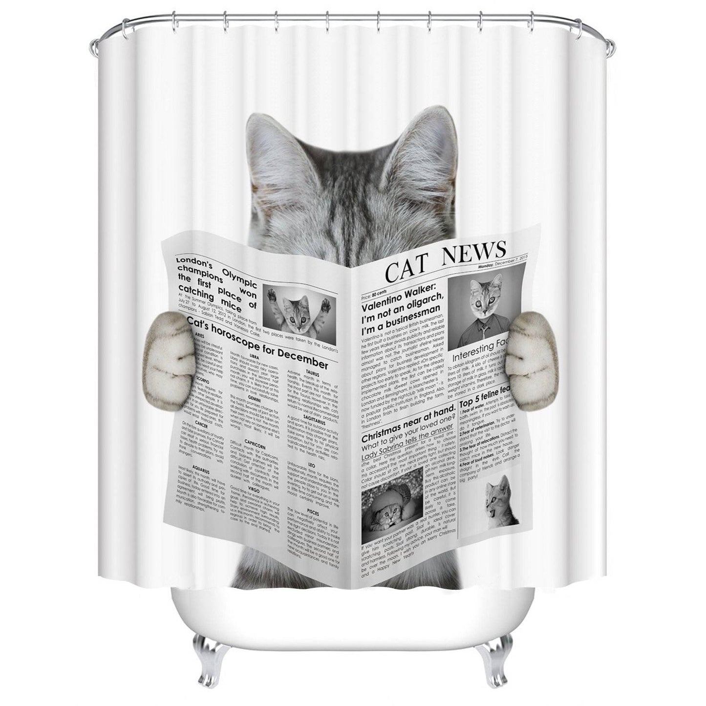 Grey White Cute Kitten Reading Cat Newspaper Shower Curtain