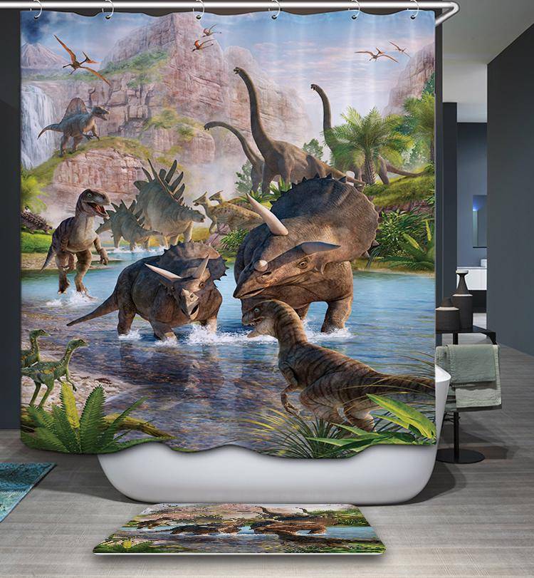 Dinosaur World Jungle Mountain Volcanoes Kids Jurassic Park Shower Curtain