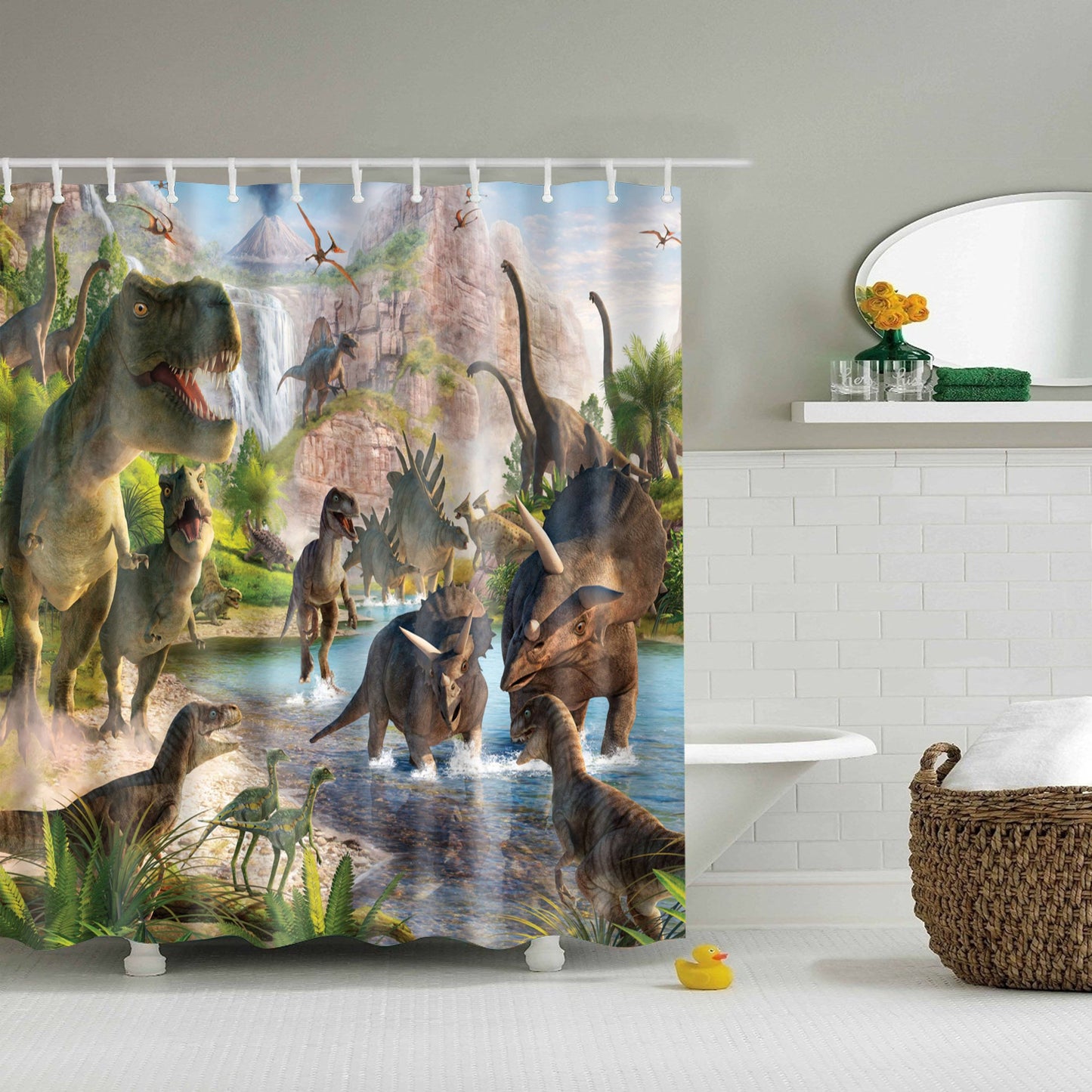 Dinosaur Valley Cartoon Kids Dino Jurassic World Shower Curtain