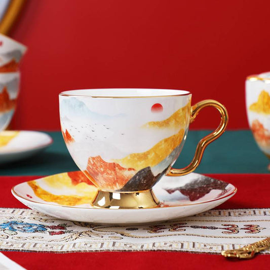 3 Pieces Aesthetic Golden Mountain with Sun Coffee Tea Cup And Saucer Set with Spoon