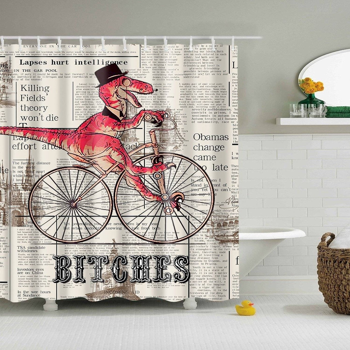 Vintage Newsprint Bitches Dinosaur Ride Bike Shower Curtain