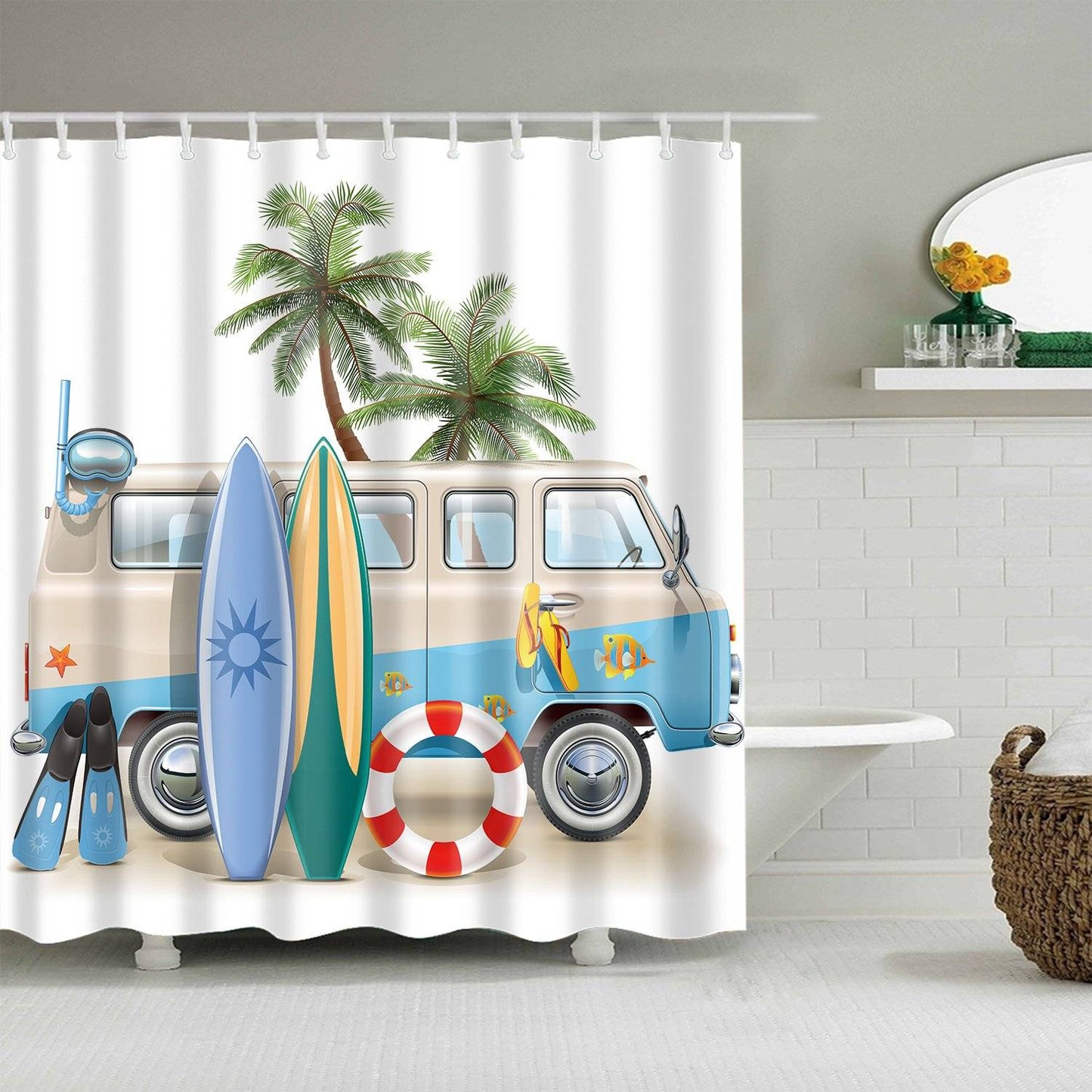 Diving Snorkeling Surfing Gear with Bus Surf Summer Vacation Shower Curtain